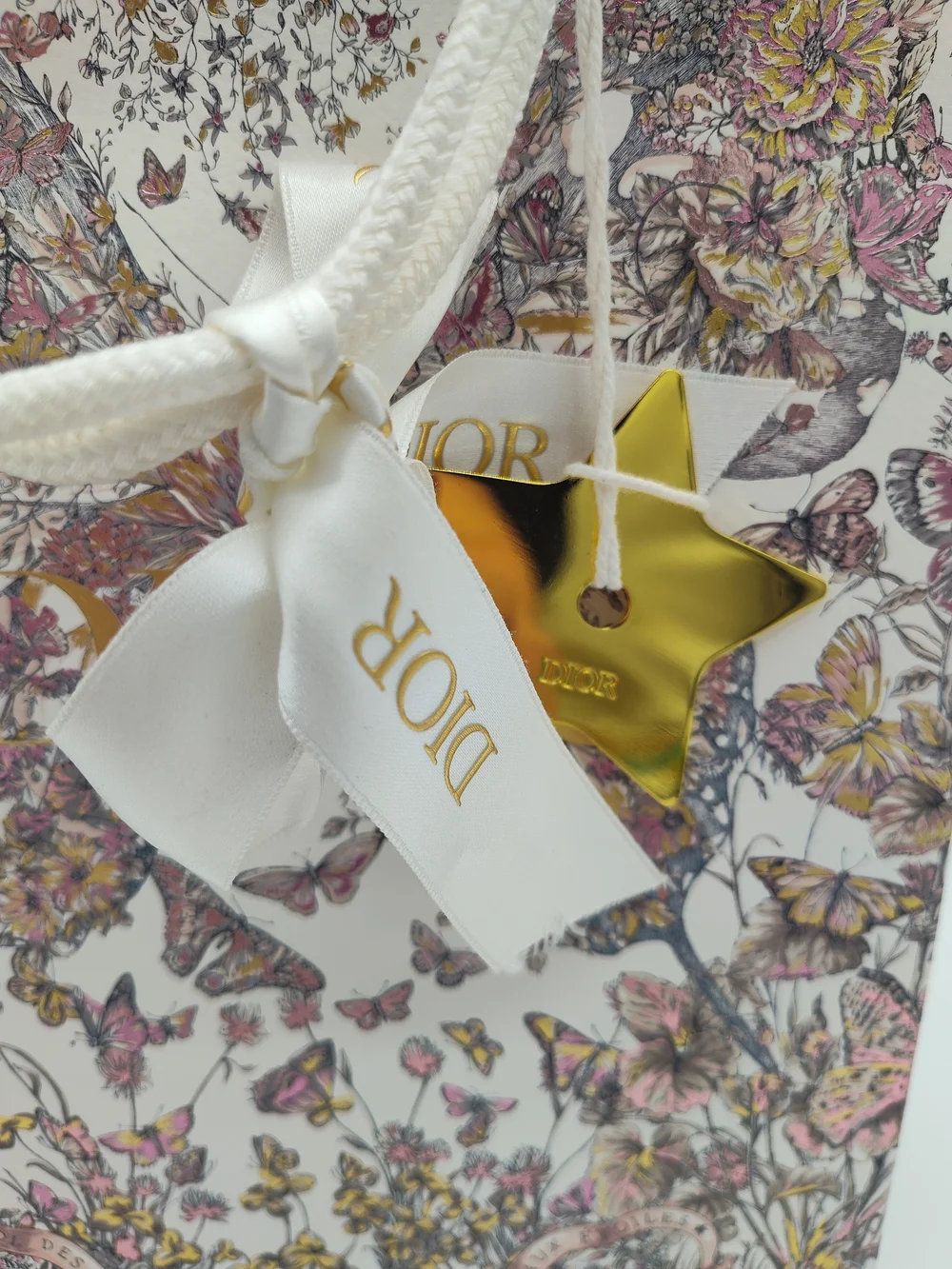 DIOR Butterfly Floral Around The World Gift Bag Gold Star Charm Ribbon PRISTINE